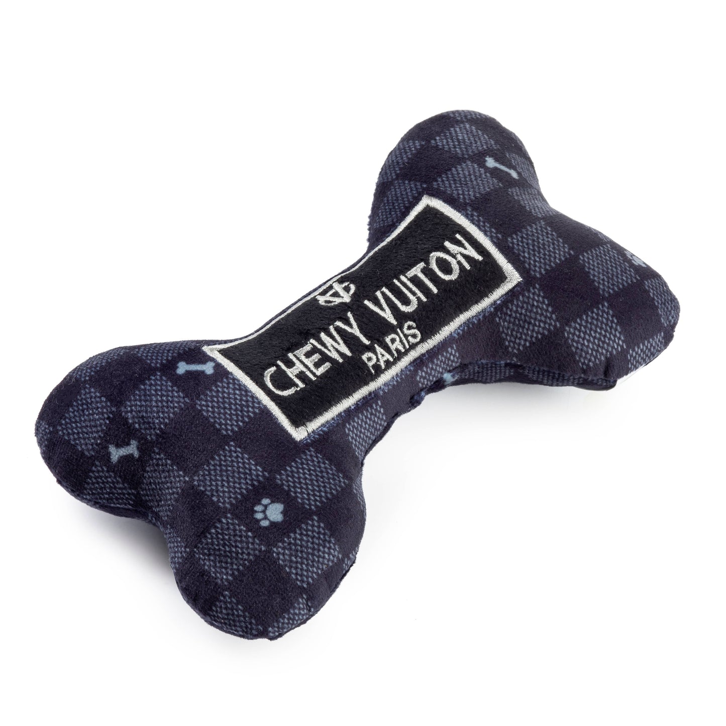 Large Black Checker Chewy Vuiton Bone Squeaker Dog Toy