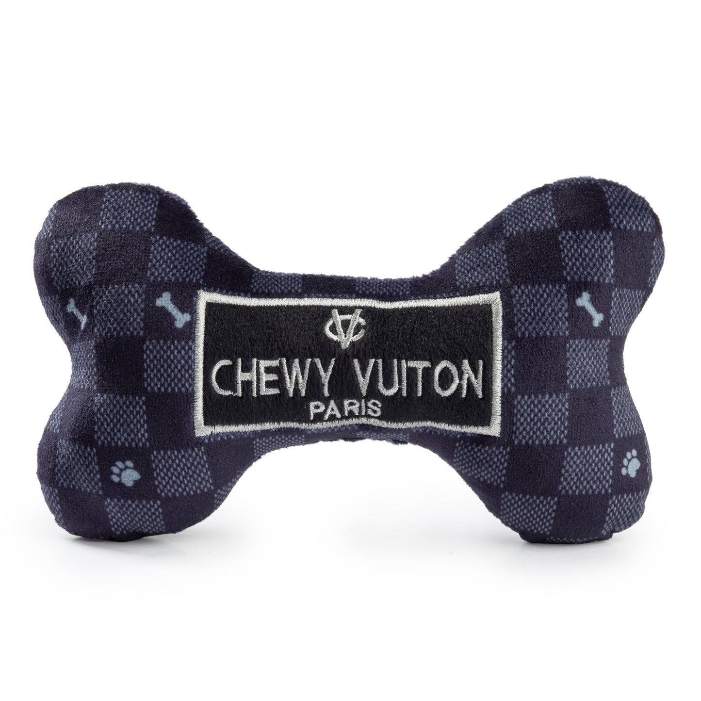 Large Black Checker Chewy Vuiton Bone Squeaker Dog Toy