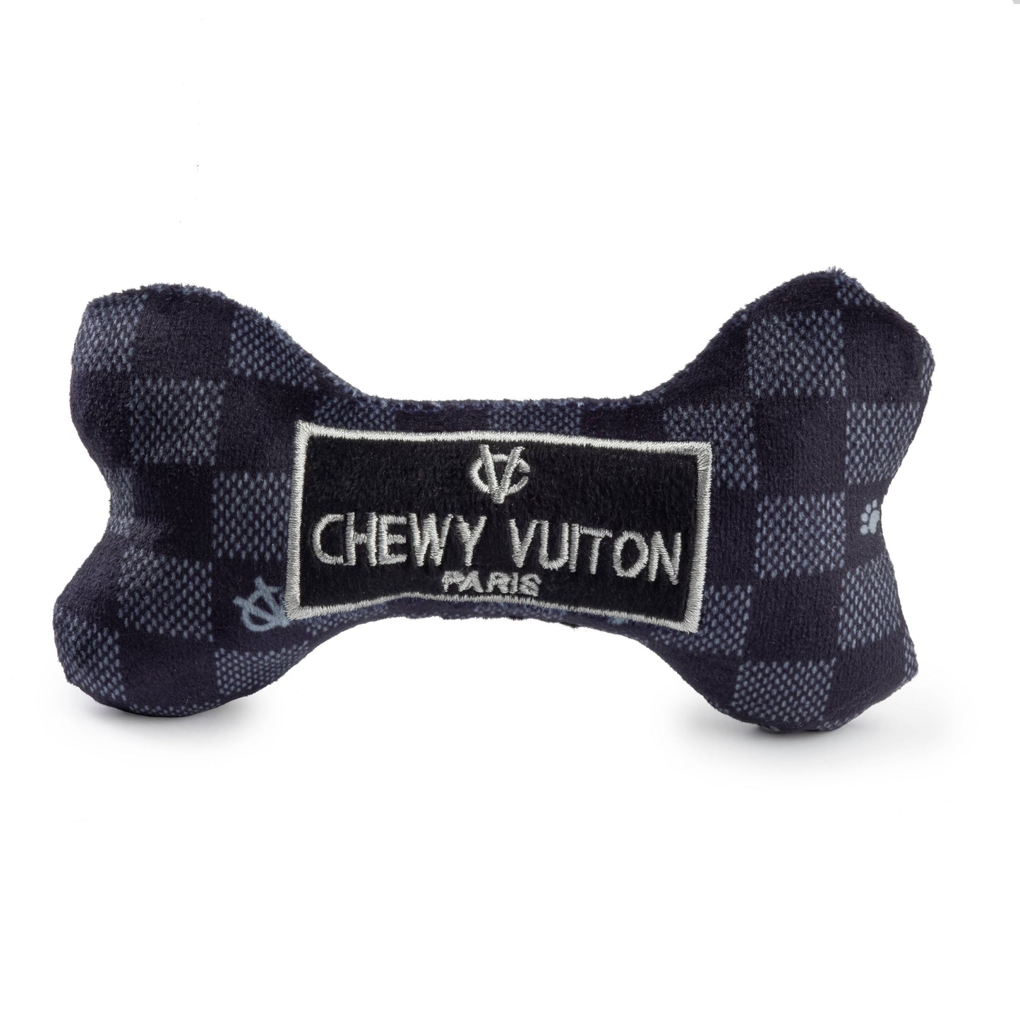 Large Black Checker Chewy Vuiton Bone Squeaker Dog Toy