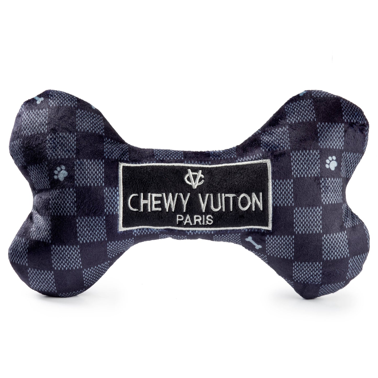 Large Black Checker Chewy Vuiton Bone Squeaker Dog Toy