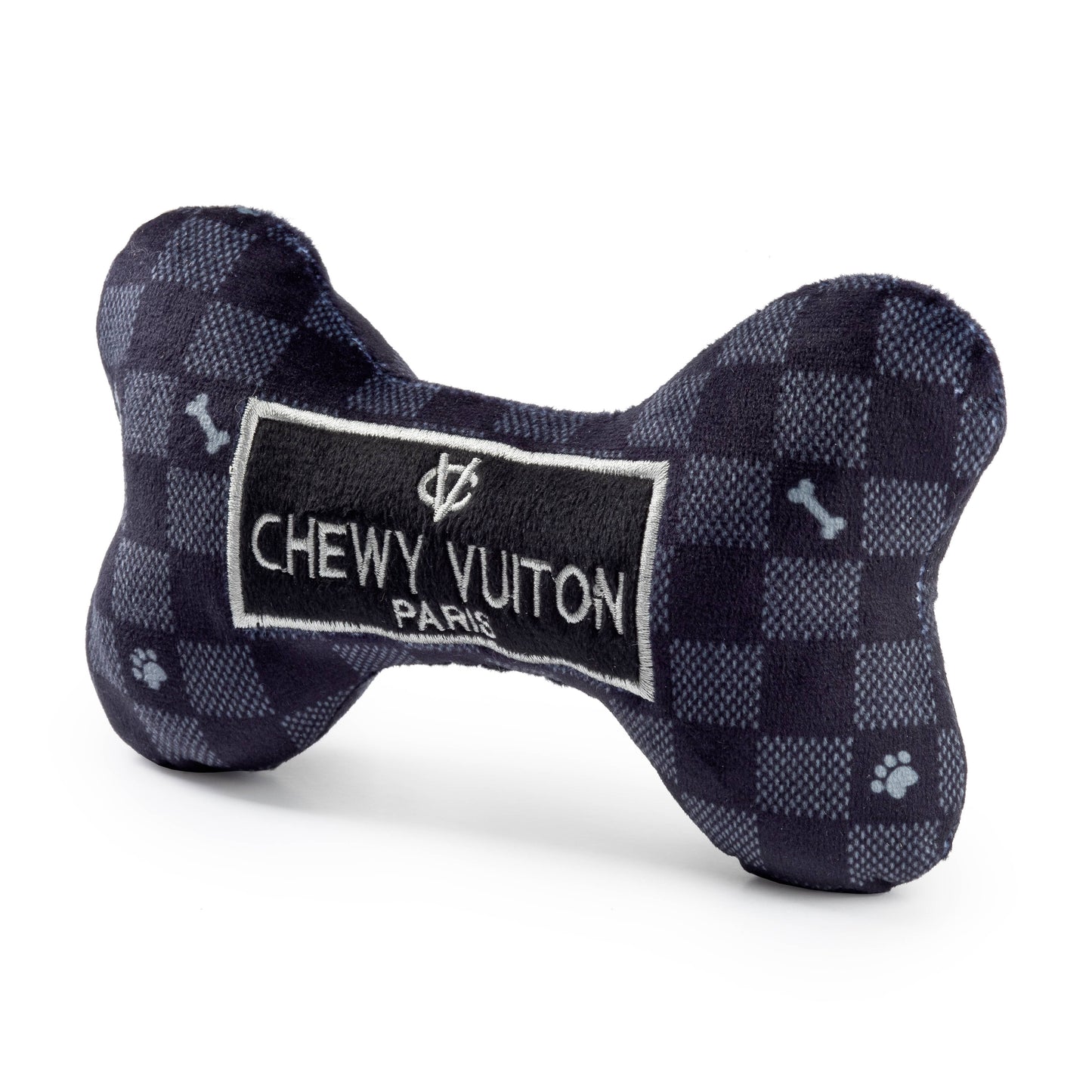 Large Black Checker Chewy Vuiton Bone Squeaker Dog Toy