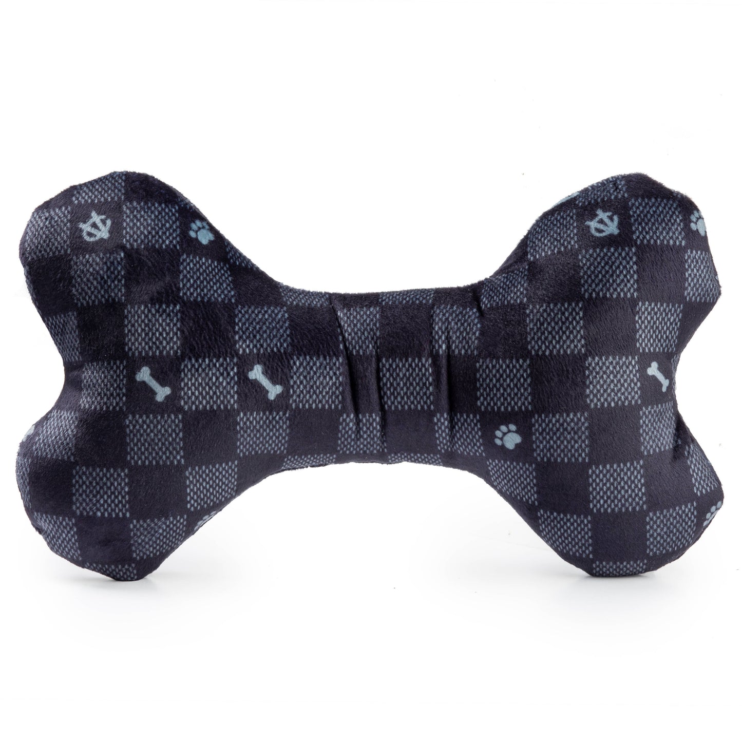 Large Black Checker Chewy Vuiton Bone Squeaker Dog Toy
