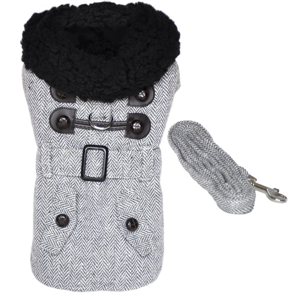 Grey Herringbone Dog Coat with Matching Leash