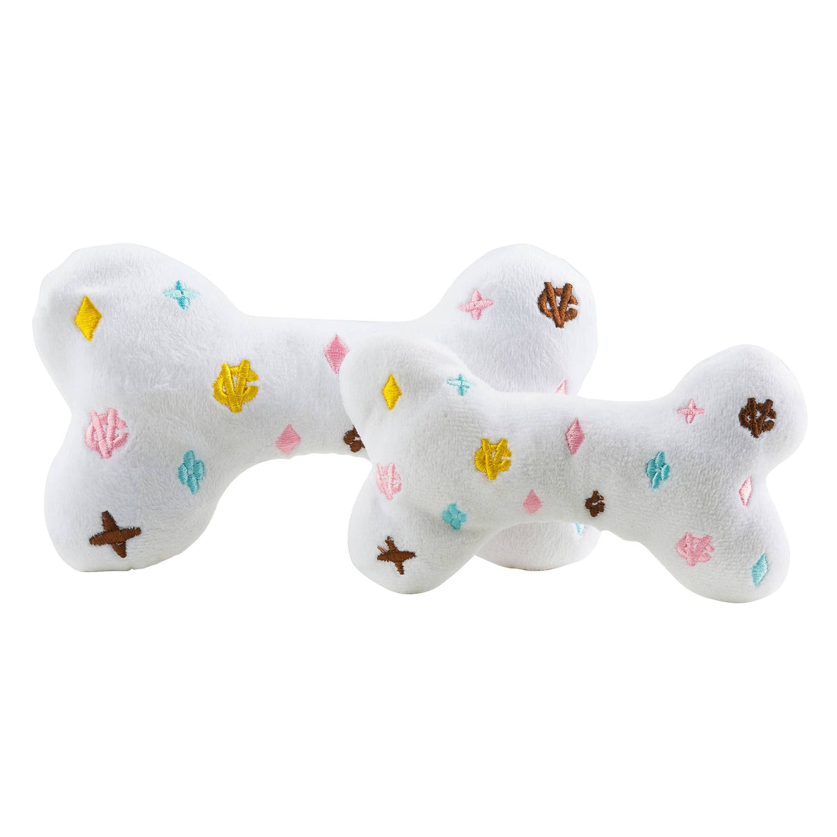 White Chewy Vuitton Bone Squeaker Dog Toy