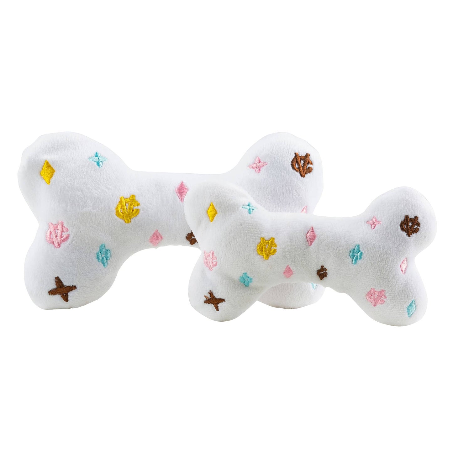 White Chewy Vuitton Bone Squeaker Dog Toy