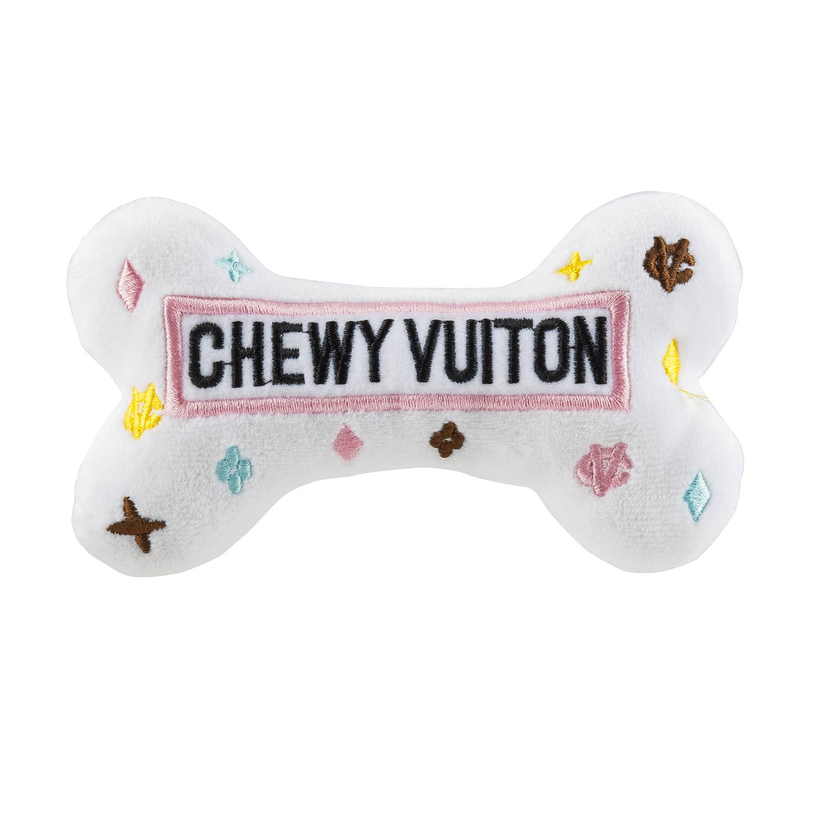 White Chewy Vuitton Bone Squeaker Dog Toy
