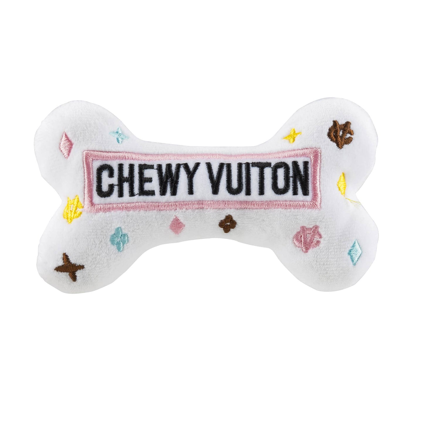 White Chewy Vuitton Bone Squeaker Dog Toy
