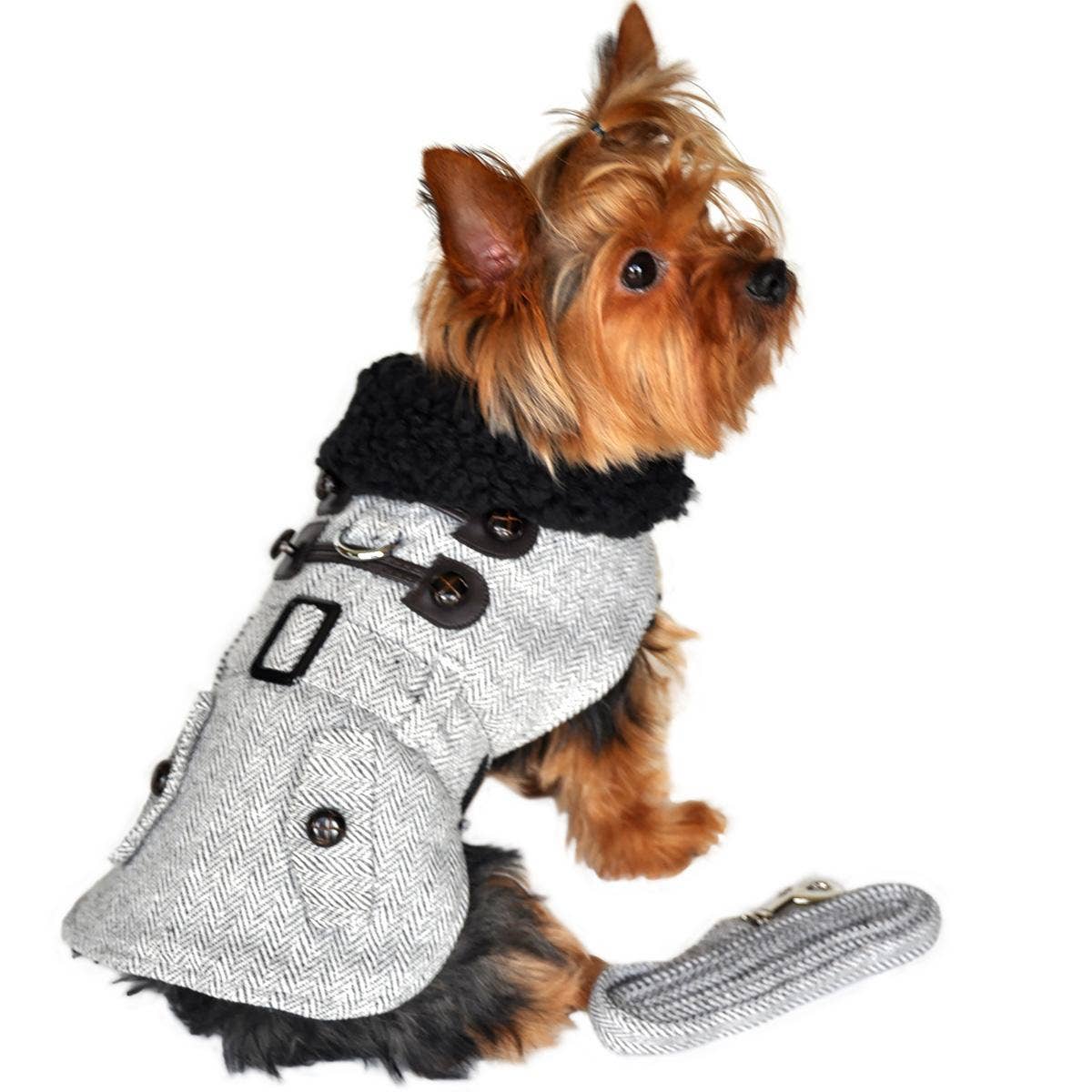 Grey Herringbone Dog Coat with Matching Leash