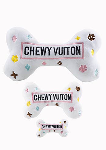 White Chewy Vuitton Bone Squeaker Dog Toy