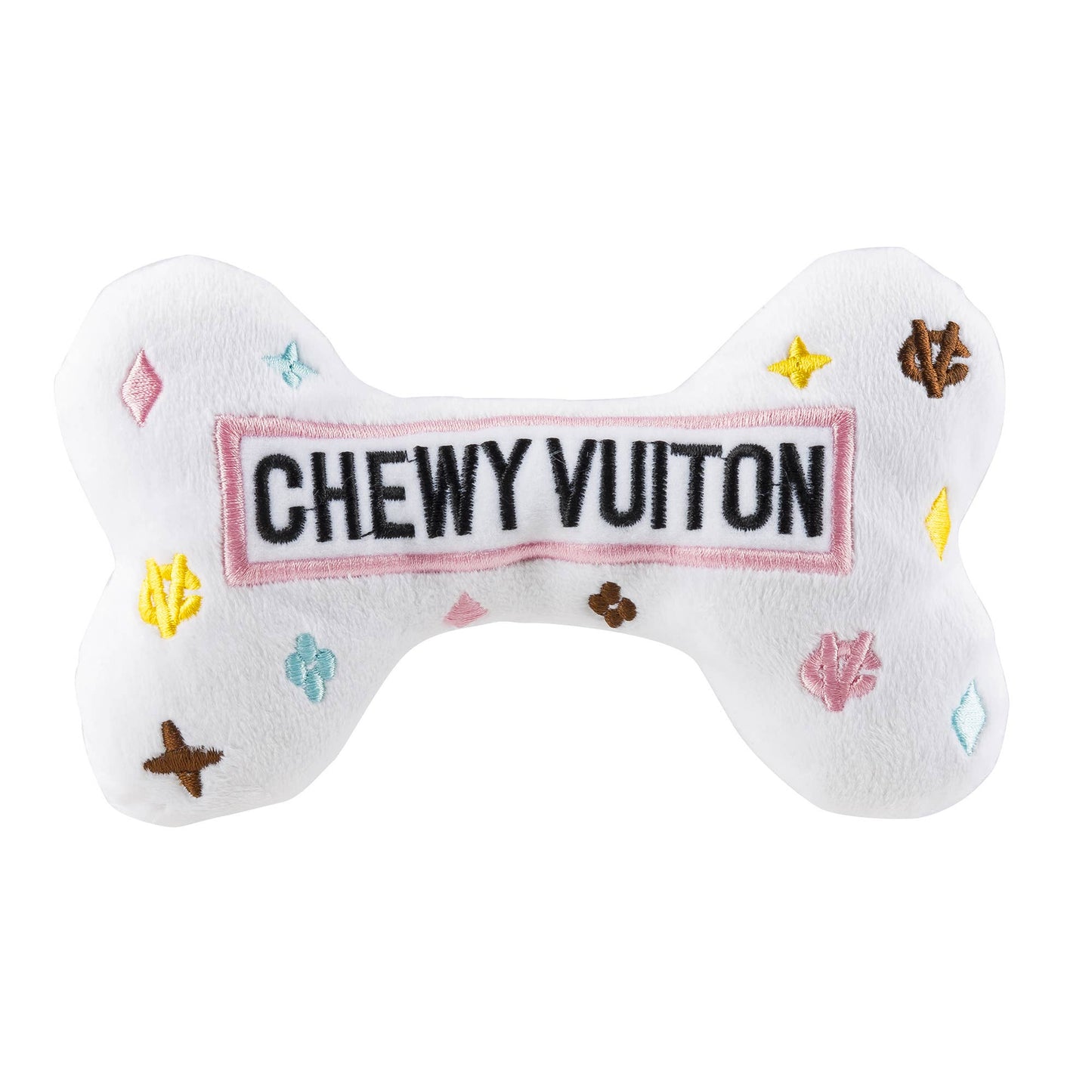 White Chewy Vuitton Bone Squeaker Dog Toy