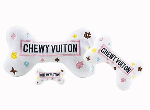 White Chewy Vuitton Bone Squeaker Dog Toy