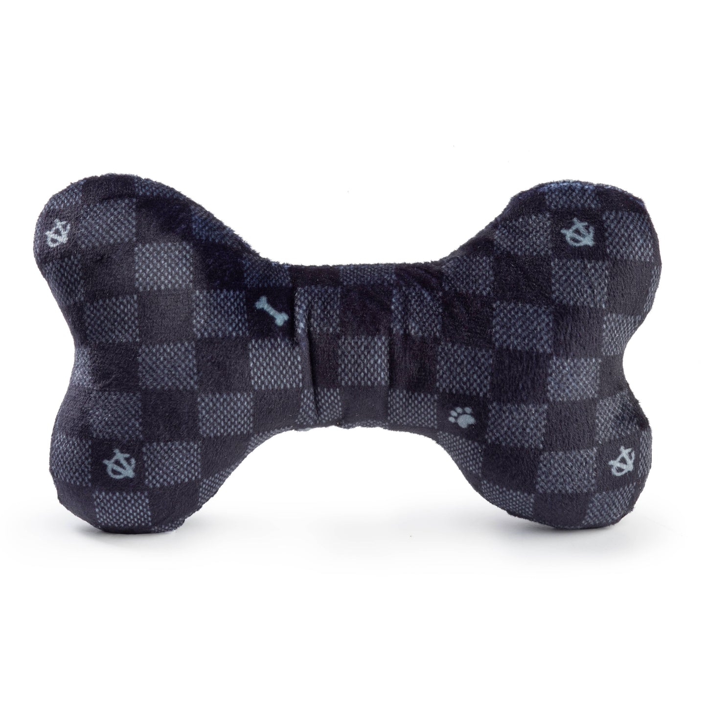 Large Black Checker Chewy Vuiton Bone Squeaker Dog Toy