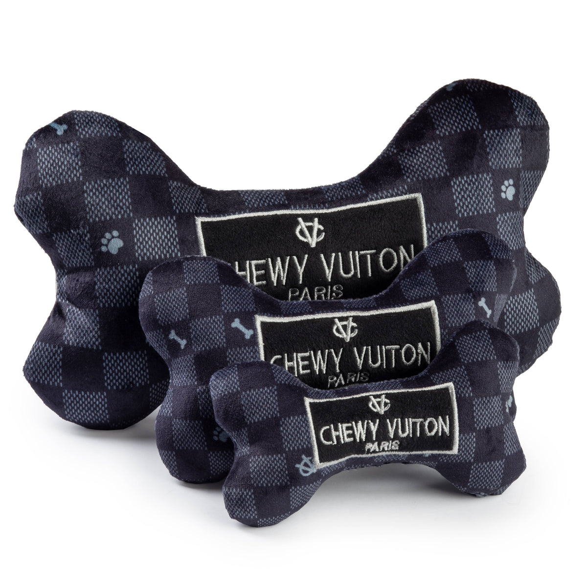 Large Black Checker Chewy Vuiton Bone Squeaker Dog Toy