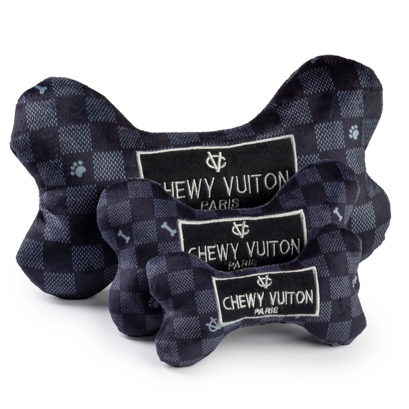Large Black Checker Chewy Vuiton Bone Squeaker Dog Toy