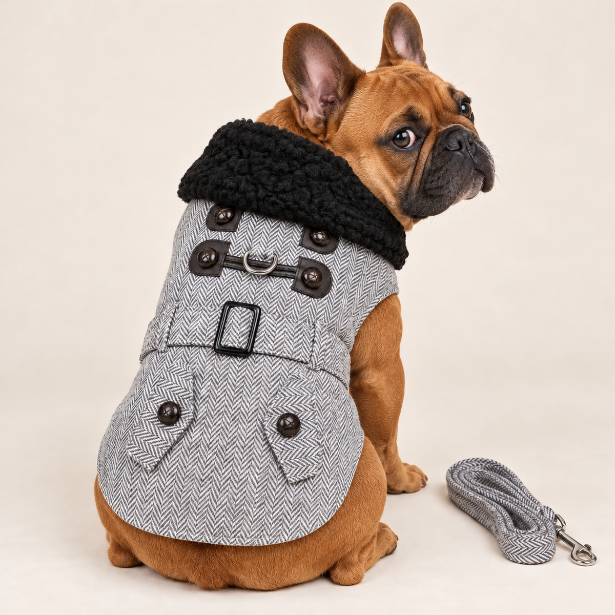 Grey Herringbone Dog Coat with Matching Leash