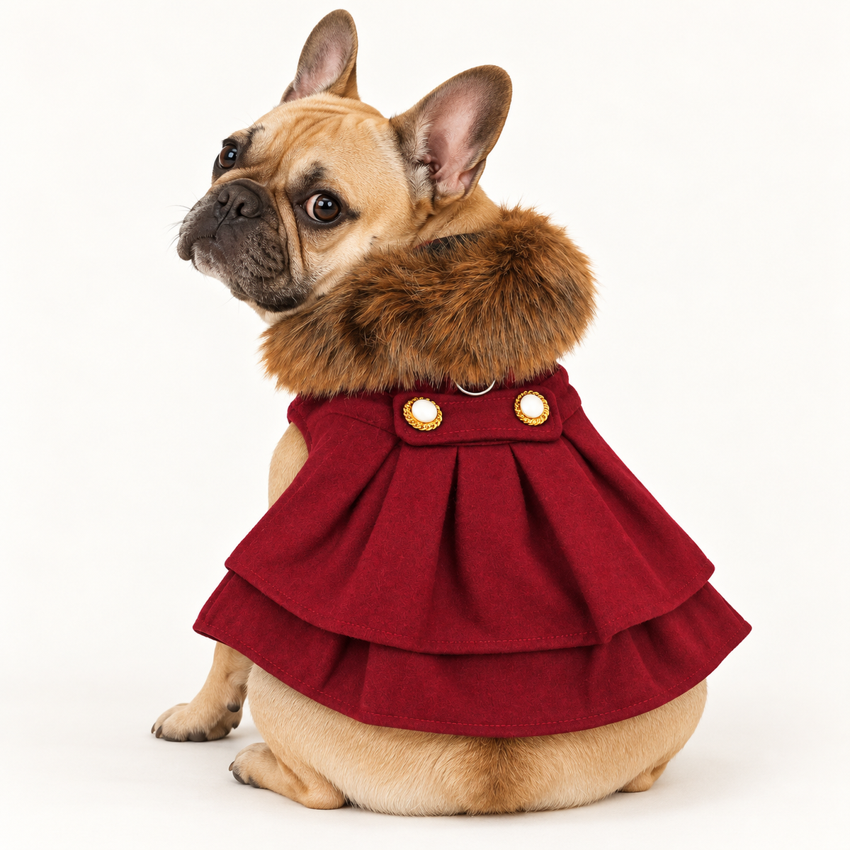 Wool Fur-Trimmed Dog Harness Coat - Burgundy