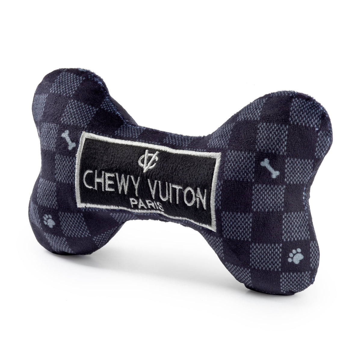Large Black Checker Chewy Vuiton Bone Squeaker Dog Toy