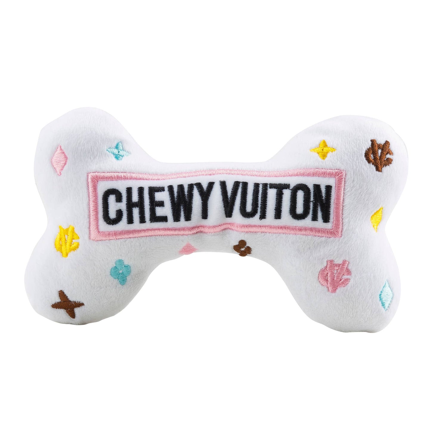 White Chewy Vuitton Bone Squeaker Dog Toy