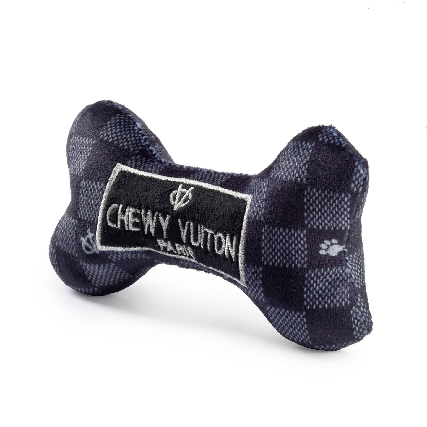 Large Black Checker Chewy Vuiton Bone Squeaker Dog Toy