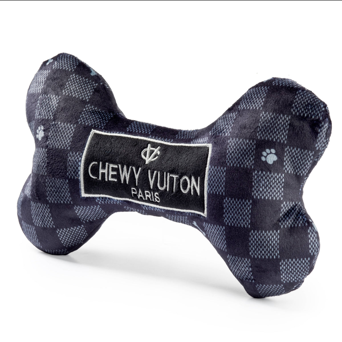Large Black Checker Chewy Vuiton Bone Squeaker Dog Toy