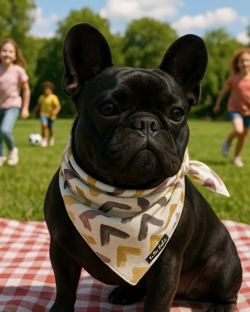 Black Frenchie in an Arrow cooling bandana