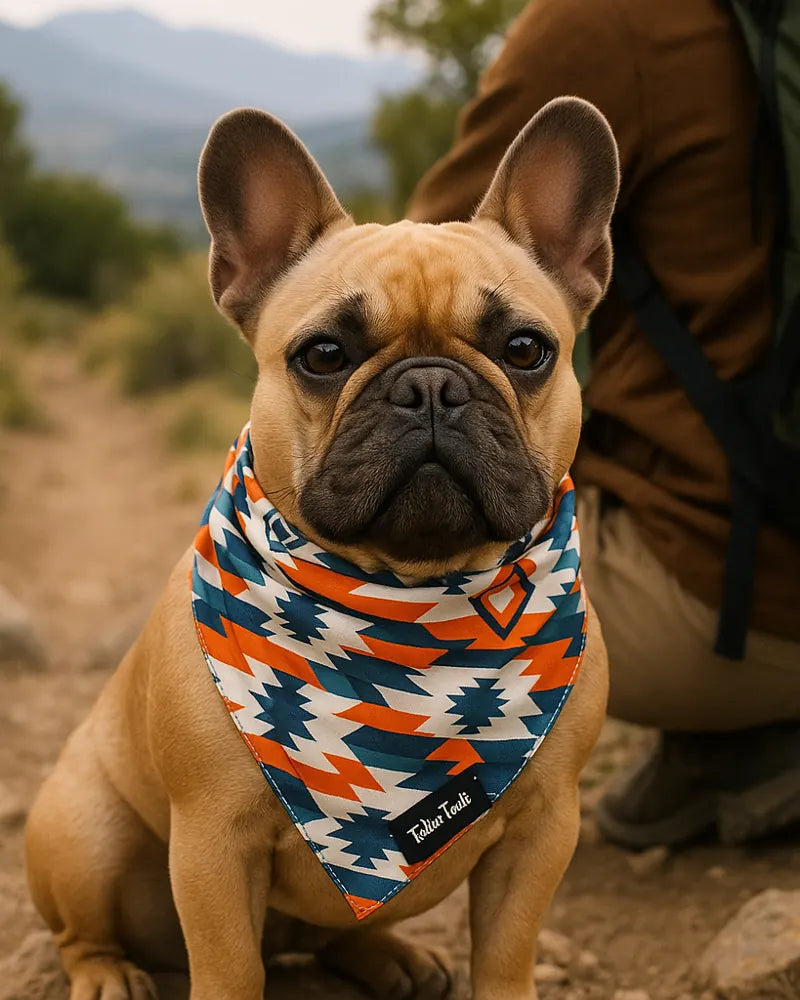 Frenchie on a trail in a Mayan cooling bandana