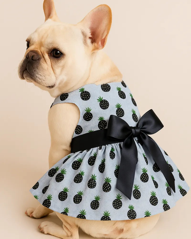Cream Frenchie in a Blackberries dress