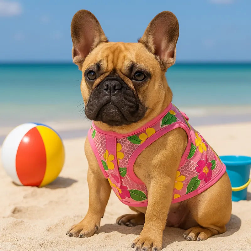 Fawn Frenchie on the beach in a pink Hawaiian floral mesh harness