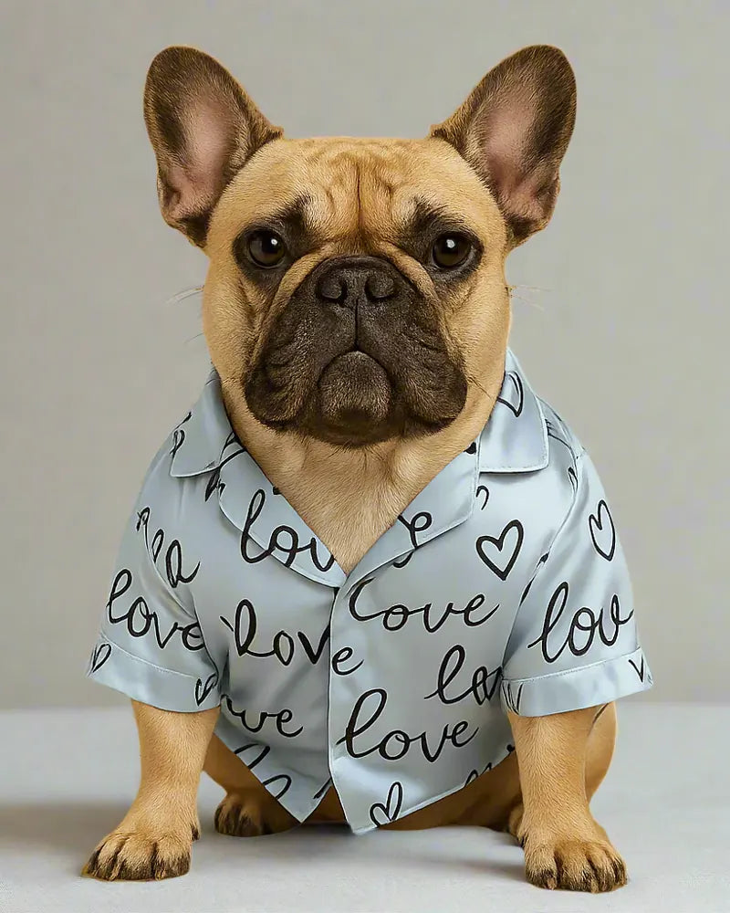Frenchie in blue Love pajamas