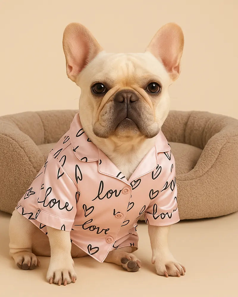 Frenchie in pink Love pajamas on a dog bed