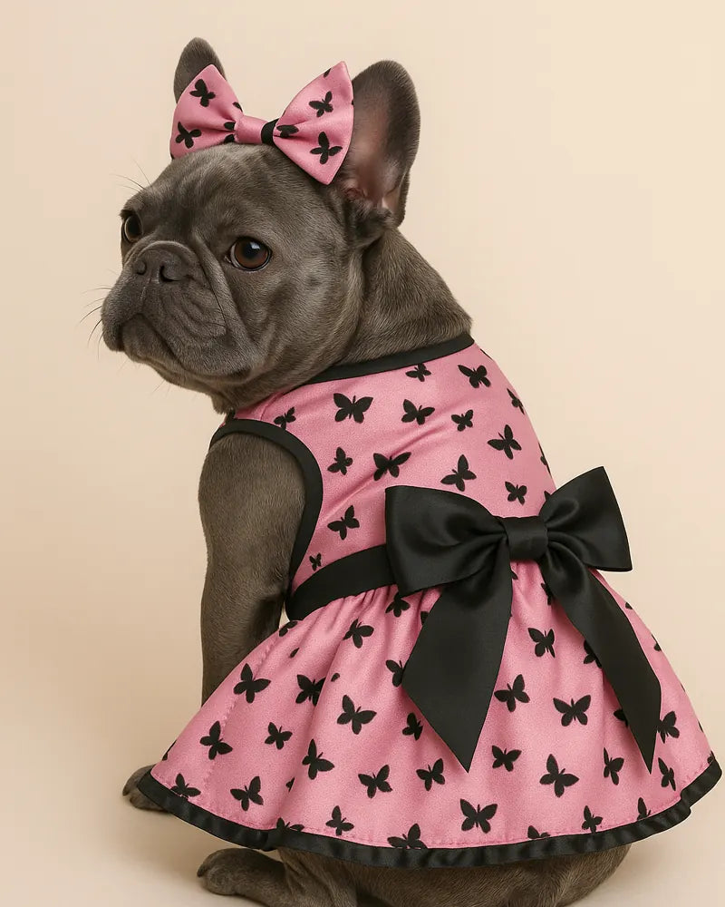 Frenchie in a pink and black dress